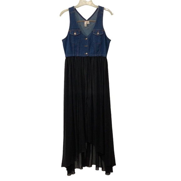 Denim Overall Top Tulle Sheer Y2K Long Sheer Front Hi Low Forever 21 Exclusive M - Picture 1 of 8